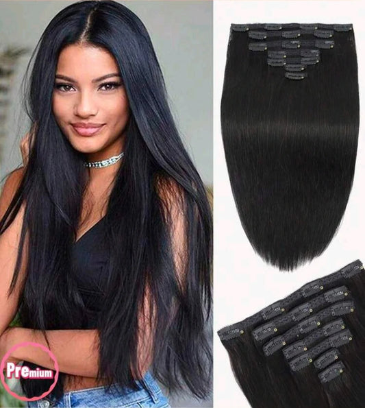 Black Straight Clip-In Hair Extensions – 16, 18 & 22 Inch