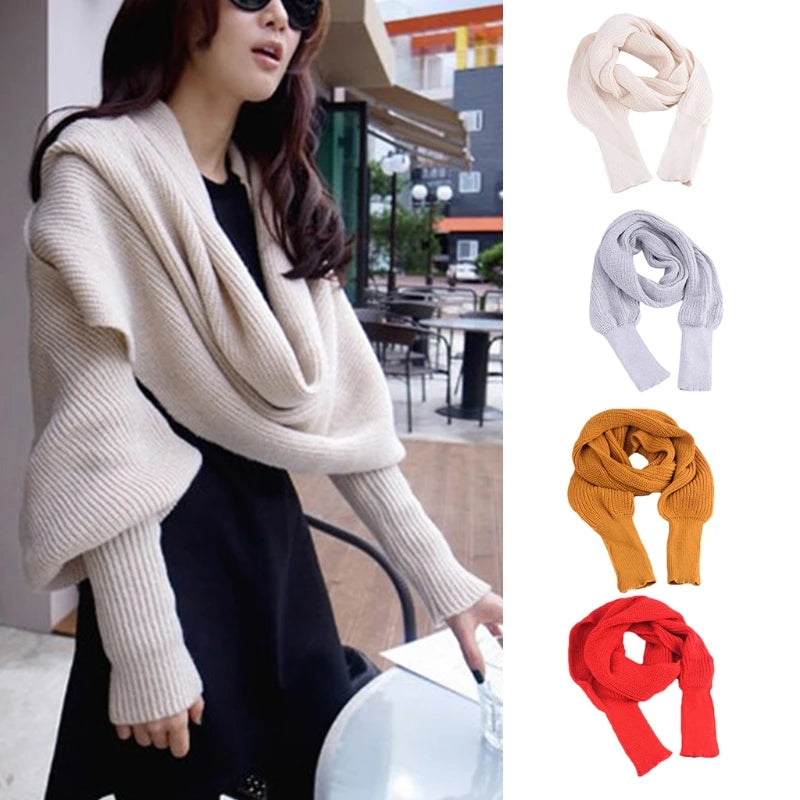 Women Winter Knit Blanket Long Shawl Wrap with Sleeves Solid Color Crochet Sweater Scarf Multi-Use Cape Neck Warmer