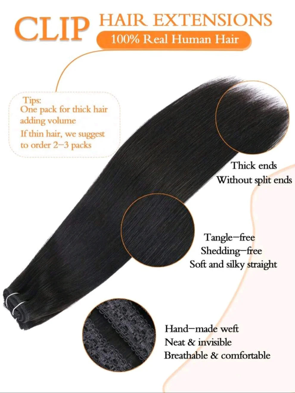 Black Straight Clip-In Hair Extensions – 16, 18 & 22 Inch